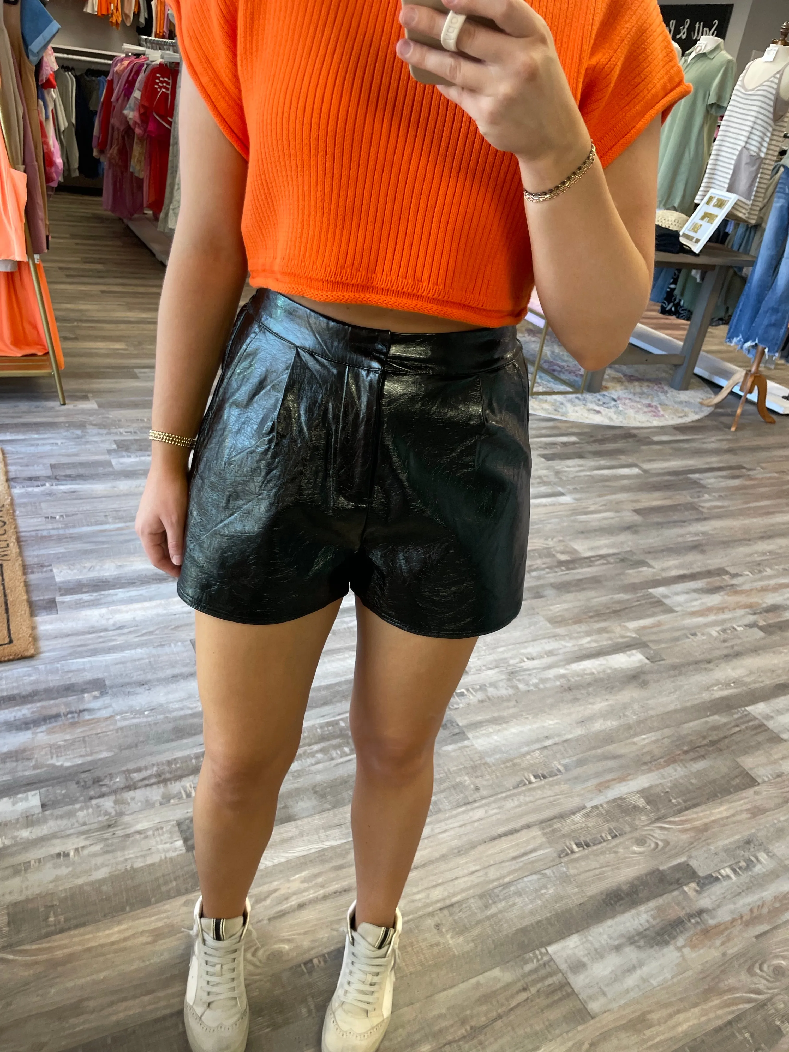 High Waisted Leather Shorts - Black