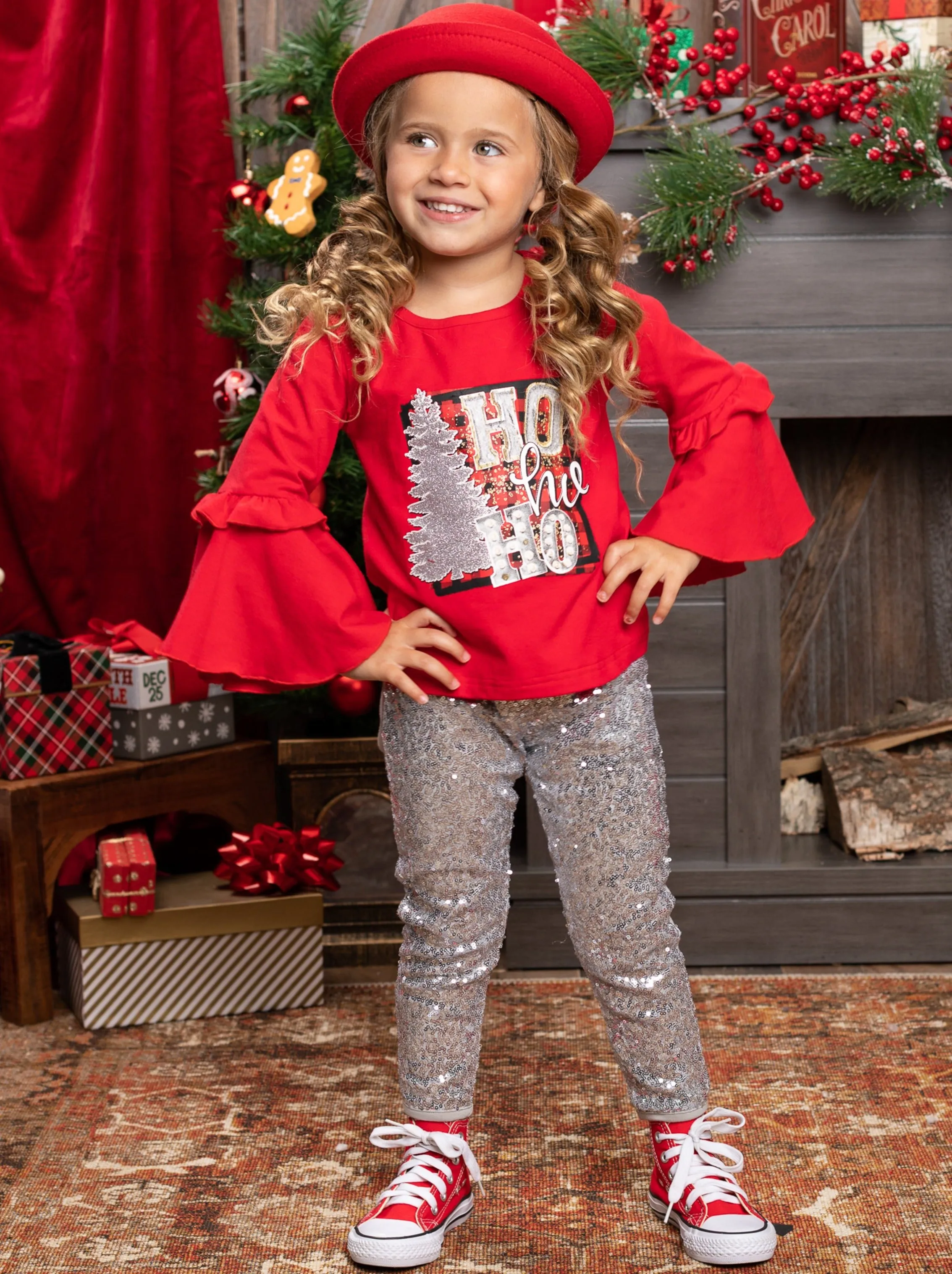 Ho Ho Ho Bell Sleeve Top and Sequin Legging Set