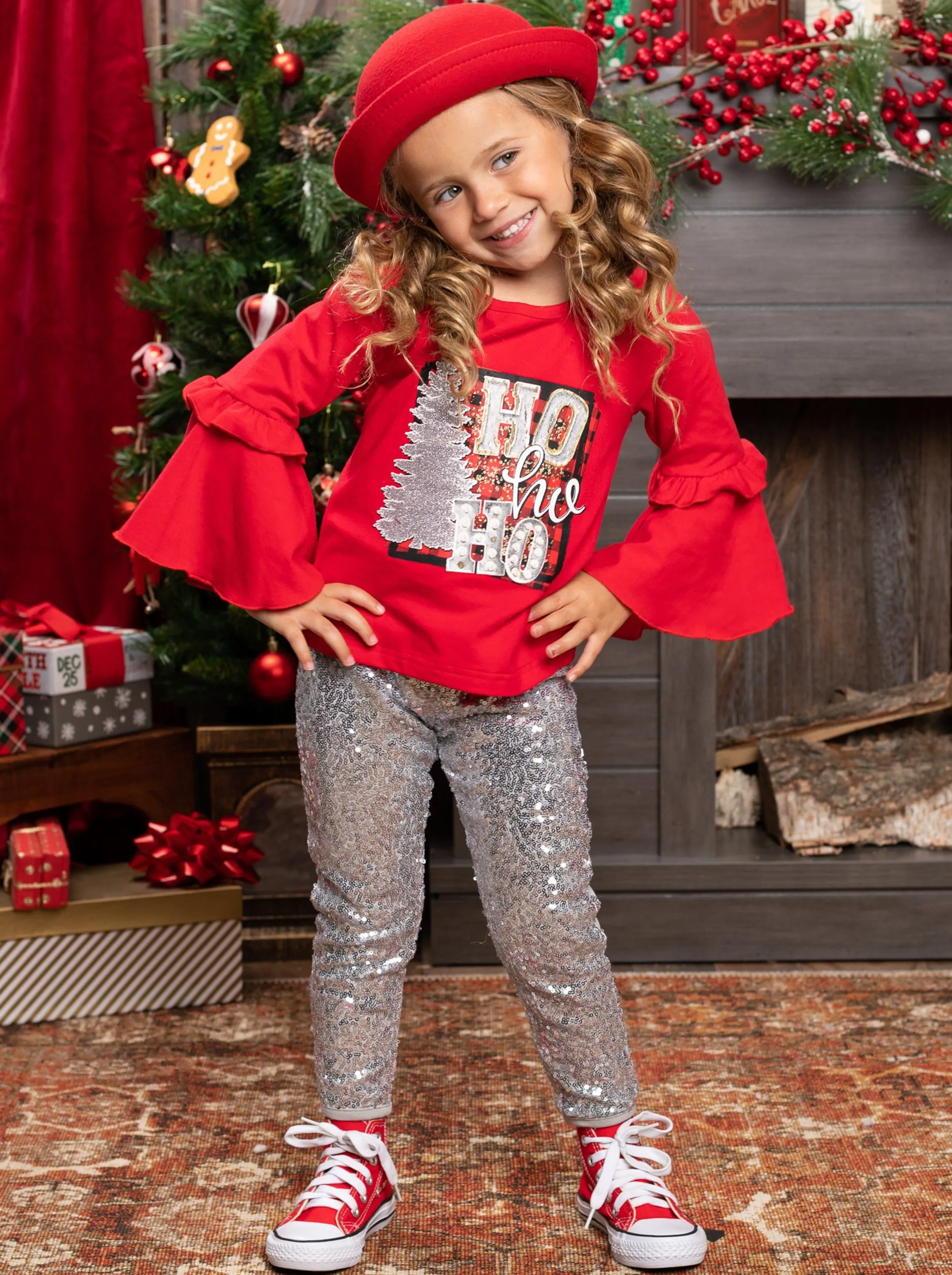 Ho Ho Ho Bell Sleeve Top and Sequin Legging Set