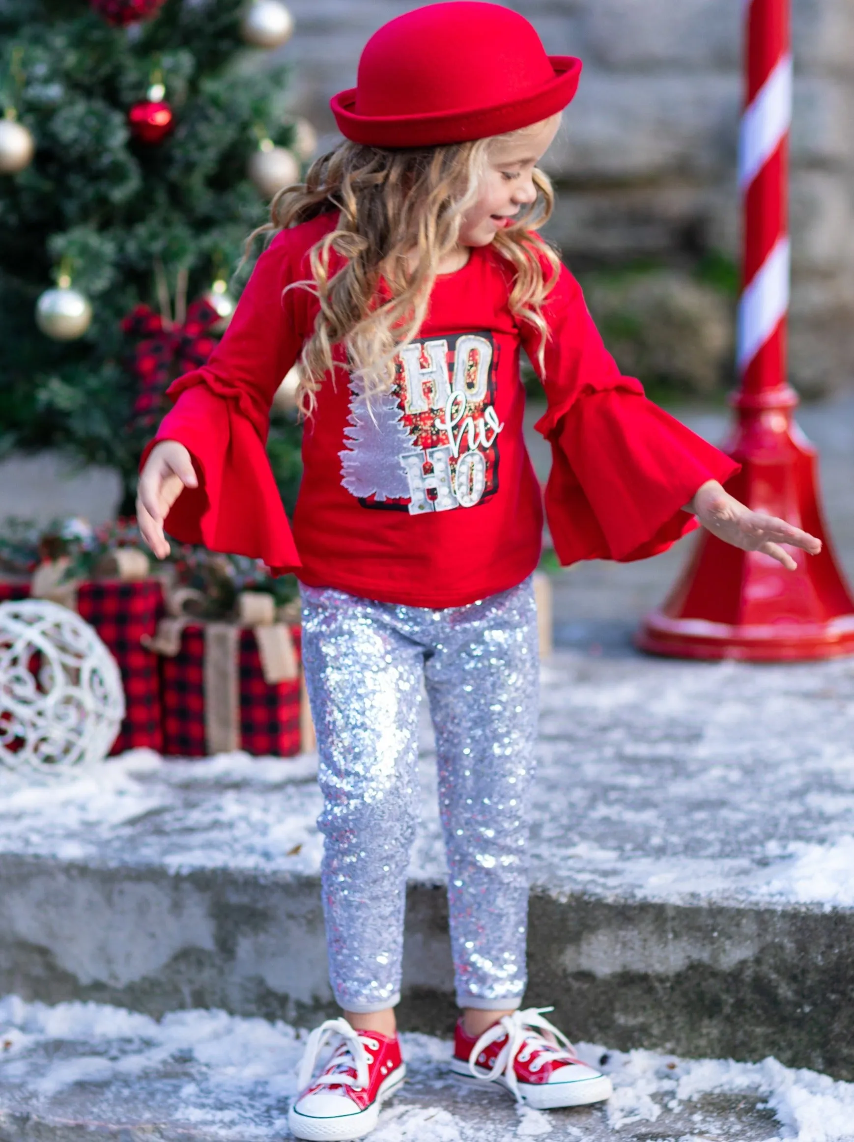 Ho Ho Ho Bell Sleeve Top and Sequin Legging Set