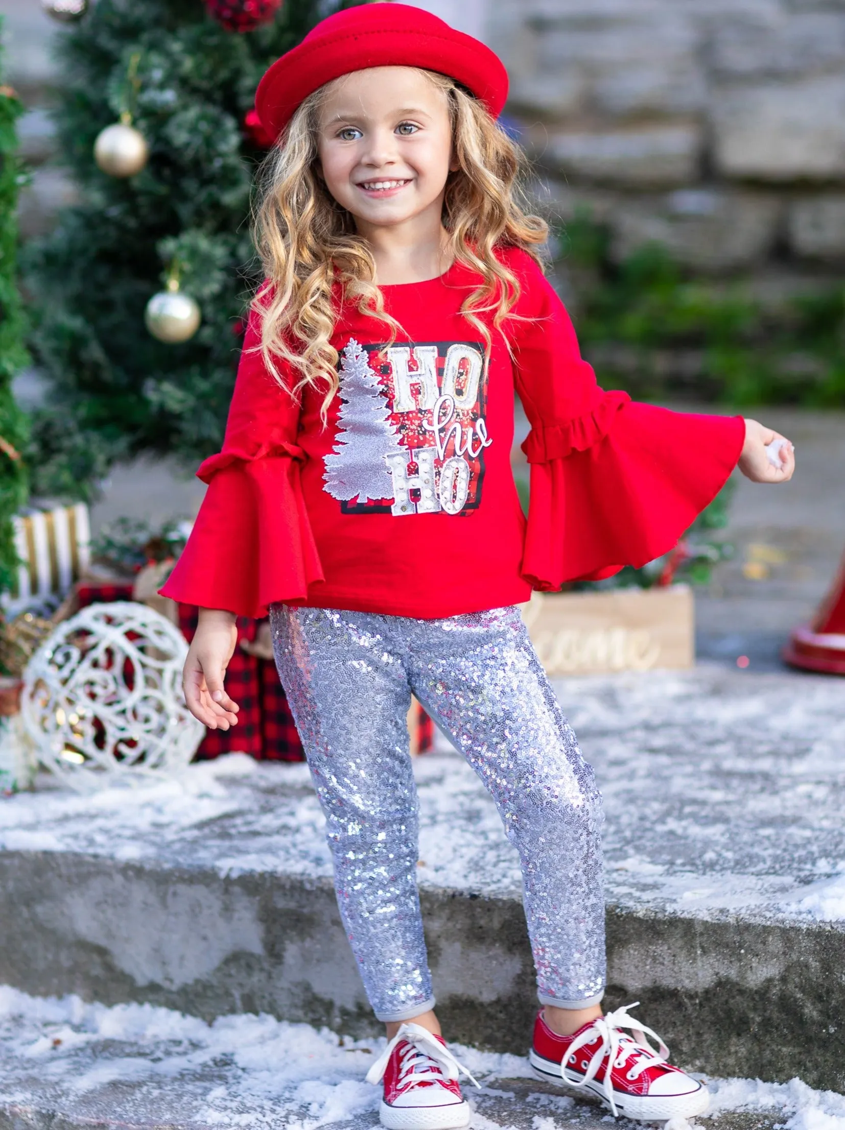 Ho Ho Ho Bell Sleeve Top and Sequin Legging Set