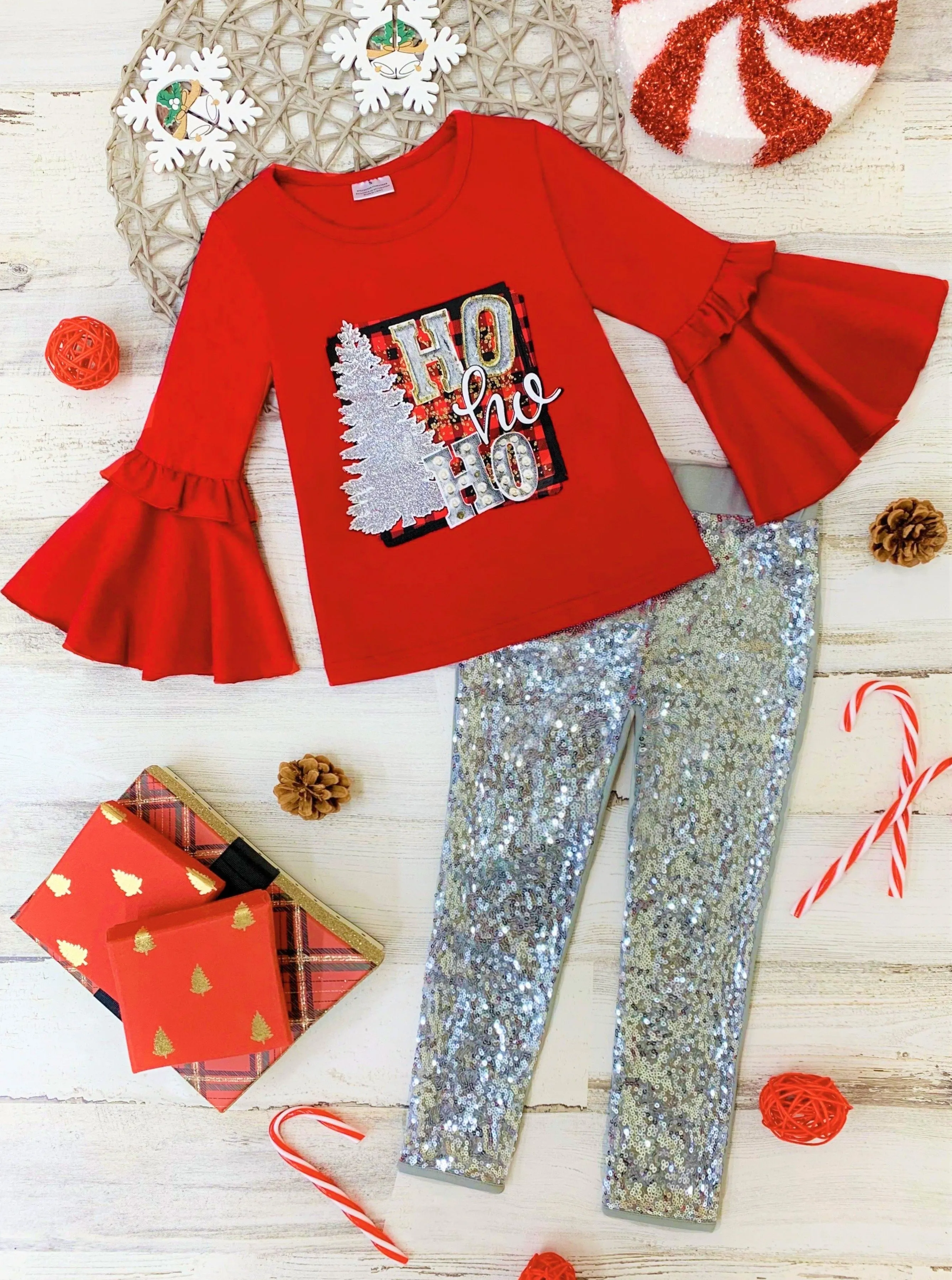 Ho Ho Ho Bell Sleeve Top and Sequin Legging Set