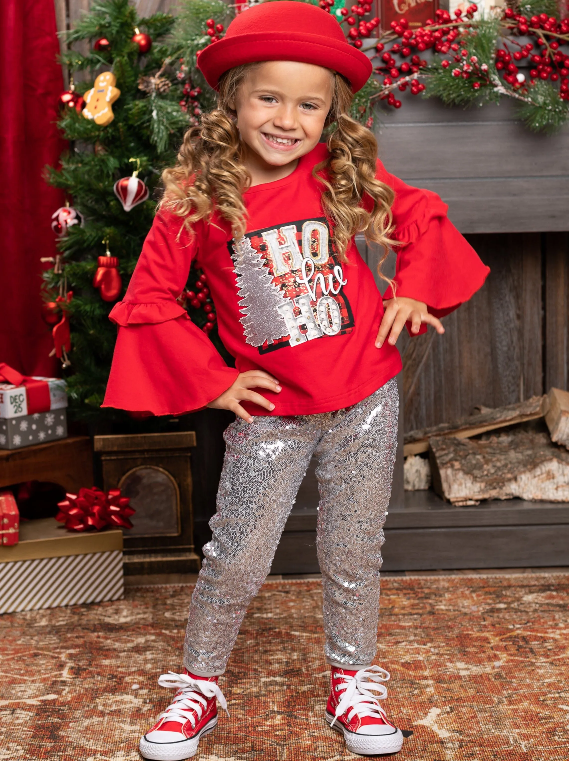 Ho Ho Ho Bell Sleeve Top and Sequin Legging Set