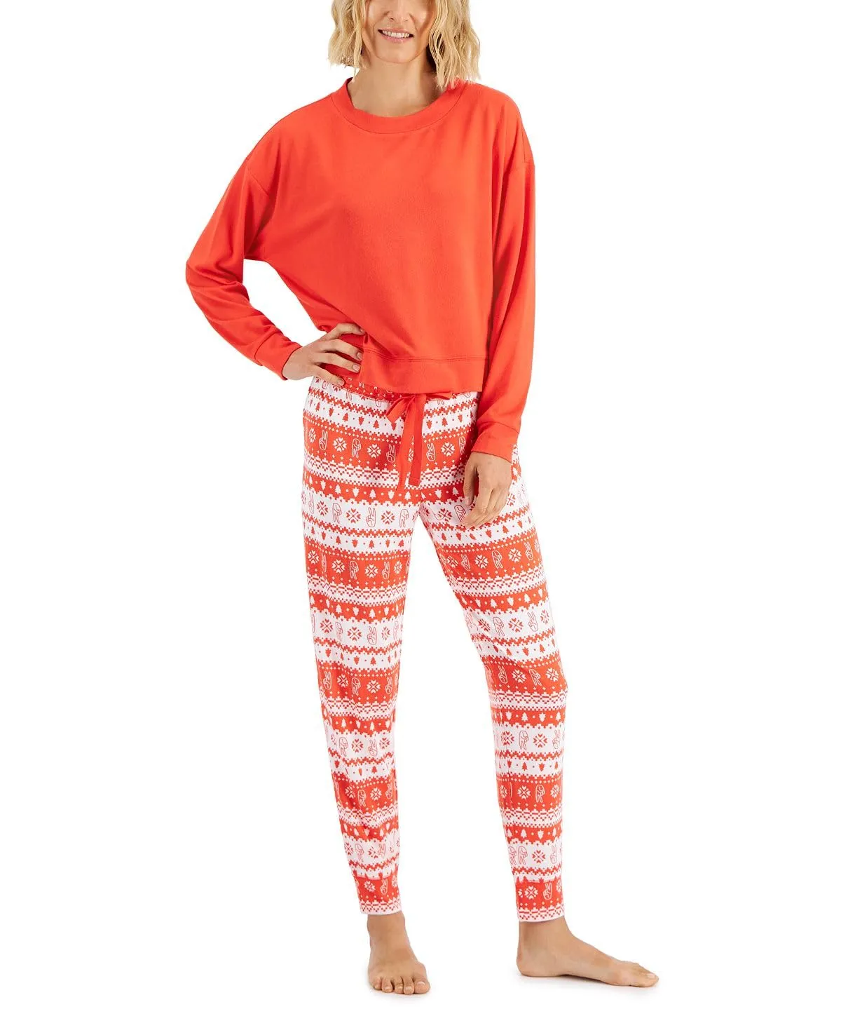 Jenni Women's Long Sleeve Mix It Pajama Set (US, Alpha, Medium, Regular, Regular, Papaya Punch Fairisle)