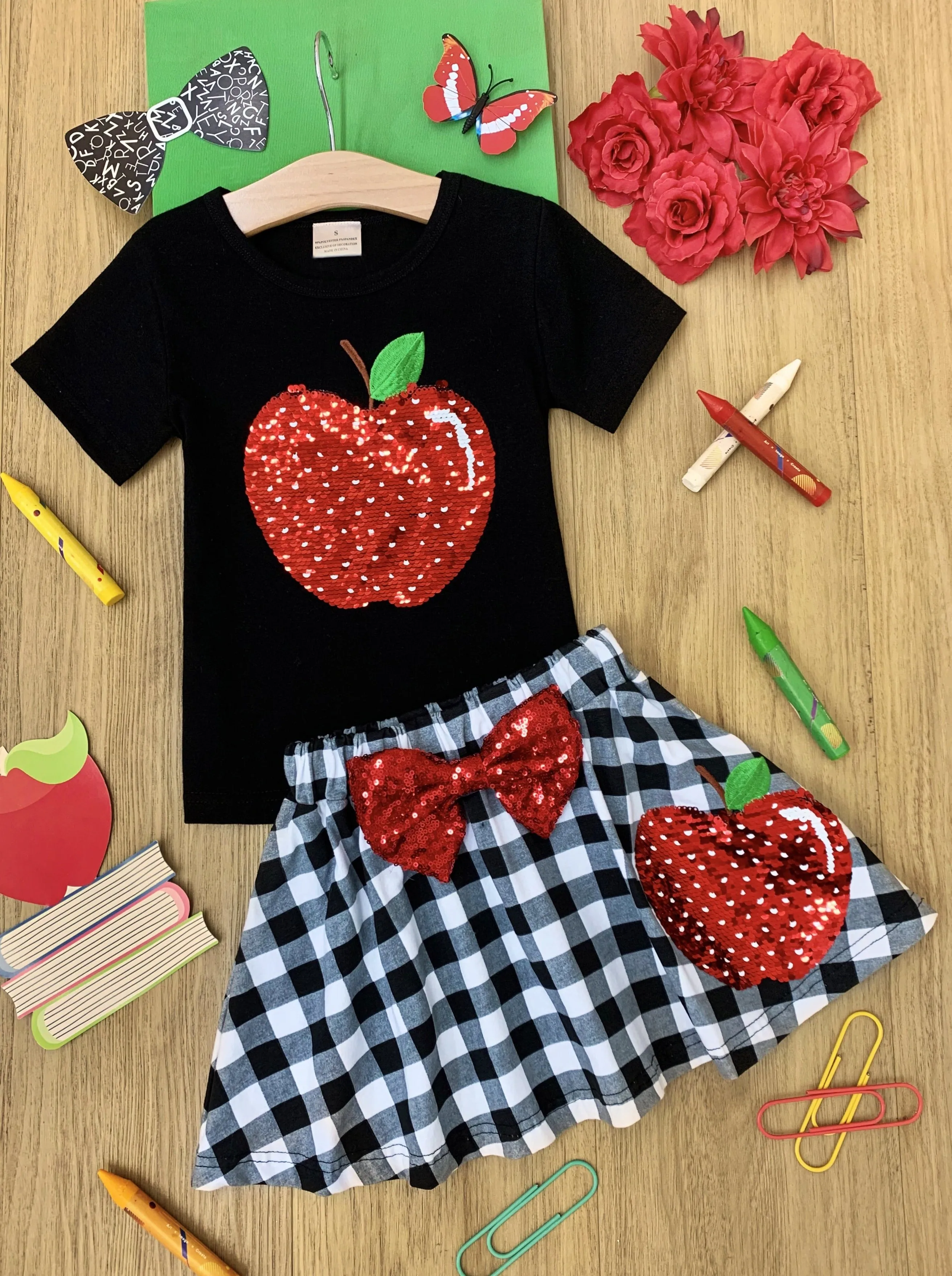 Like Them Apples Reversible Sequin Top and Plaid Skirt Set