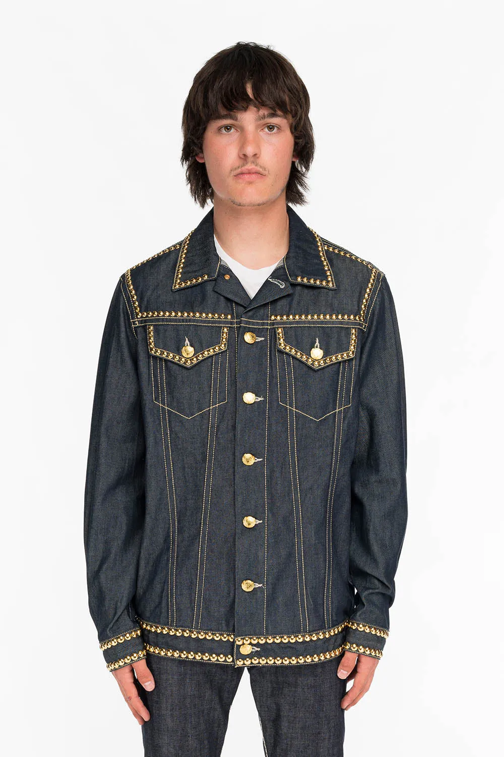 MENS DENIM JACKET IN RAW DENIM WITH HEAVY ORANGE STITCHING EMBROIDERY AND CRYSTALS