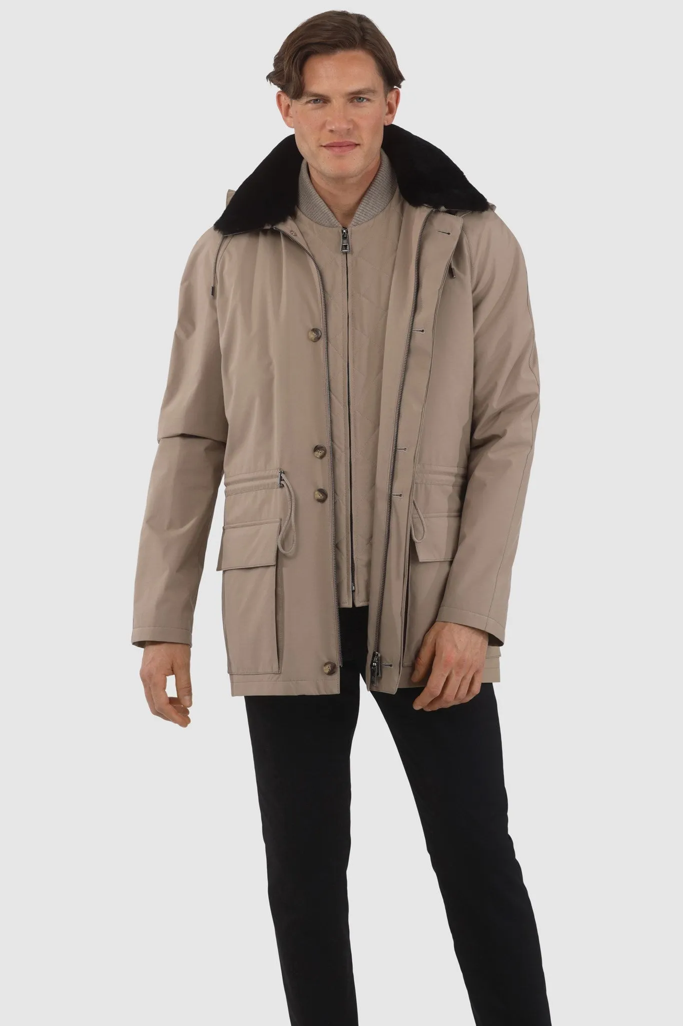 Men's Parka with Detachable Select Shearling Lamb Collar and Detachable Vest (2 Pcs)