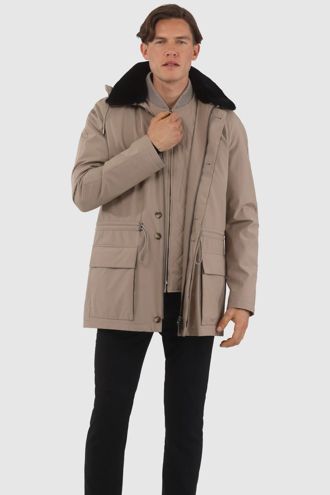 Men's Parka with Detachable Select Shearling Lamb Collar and Detachable Vest (2 Pcs)