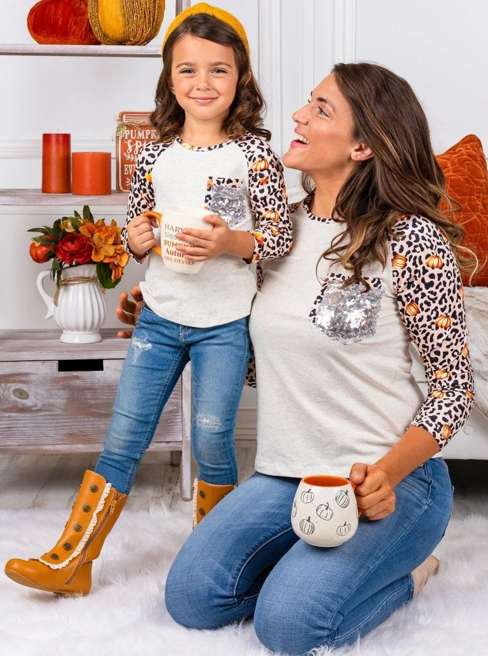 Mommy and Me Pumpkin Leopard Raglan Top