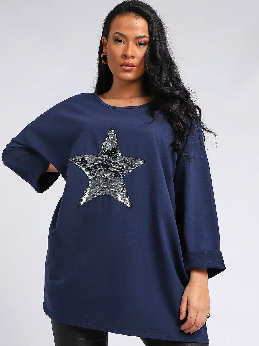 Navy Sequin Star Oversized Top