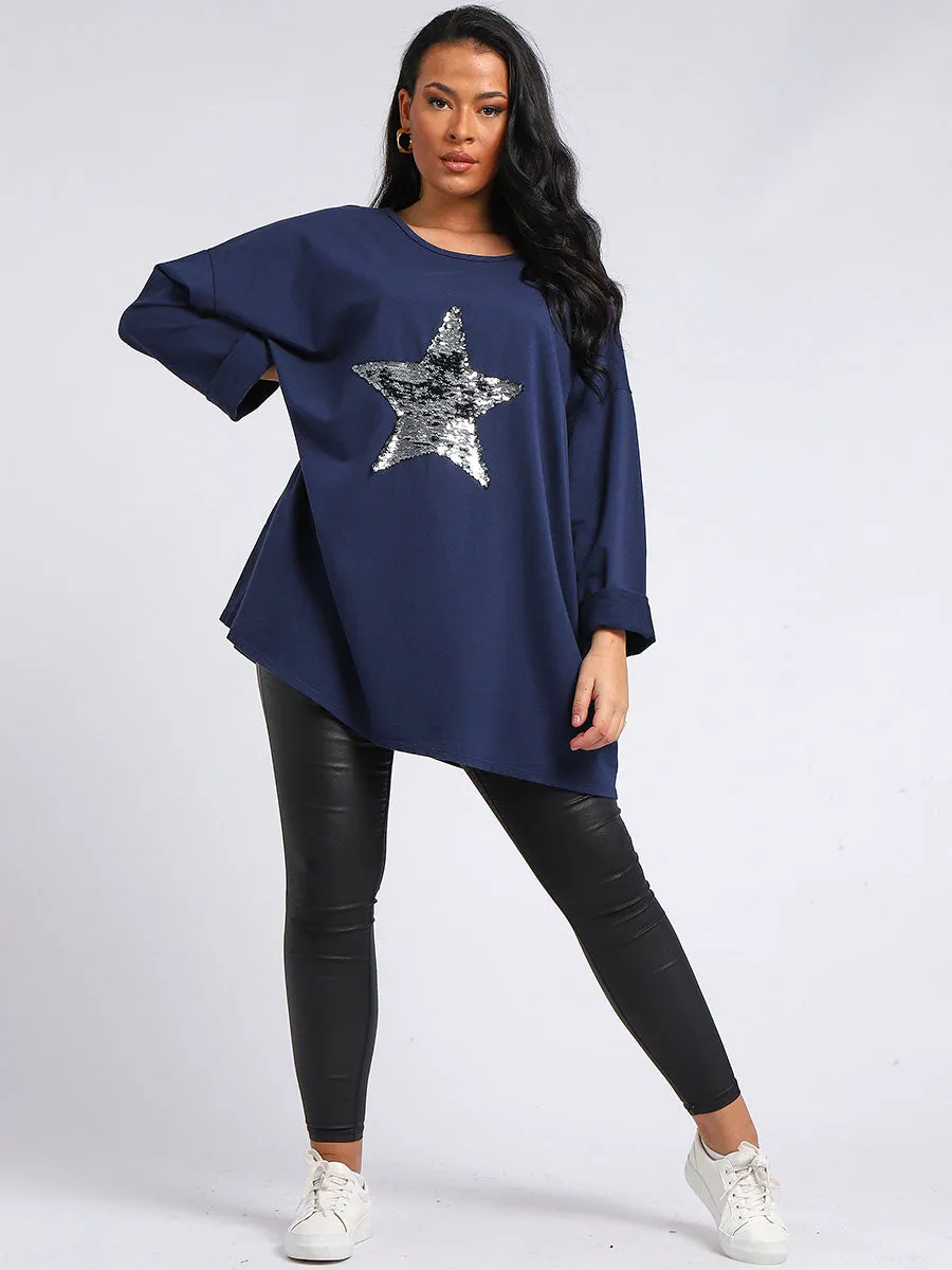 Navy Sequin Star Oversized Top