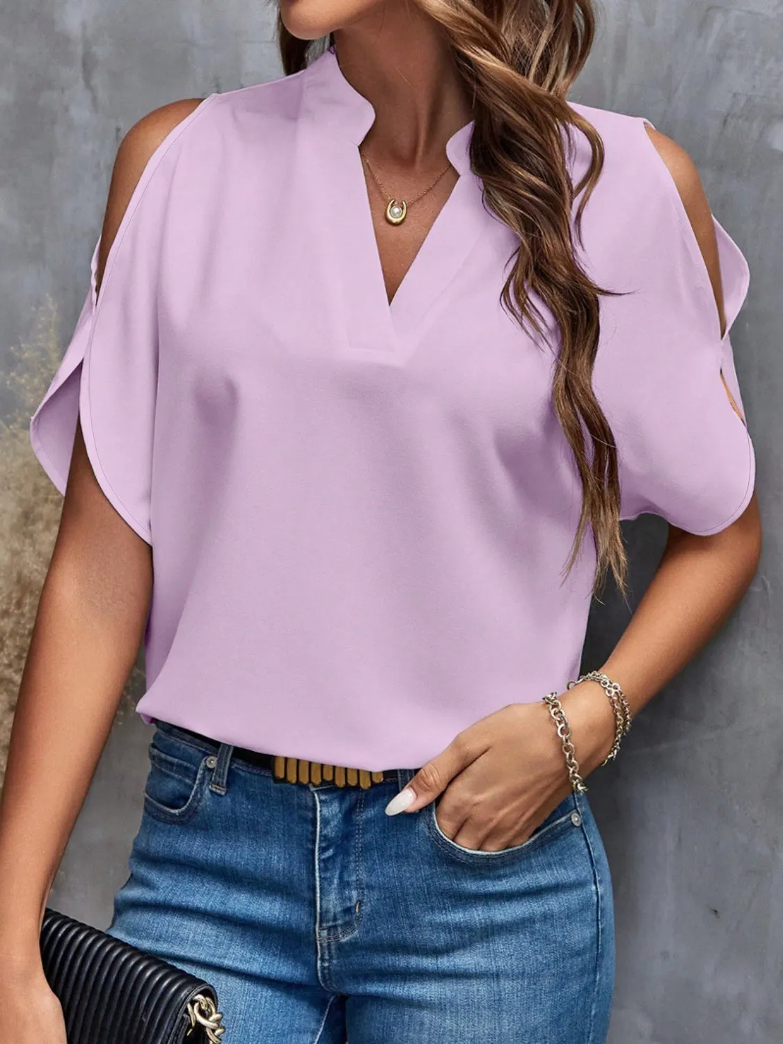 Notched Cold Shoulder Blouse