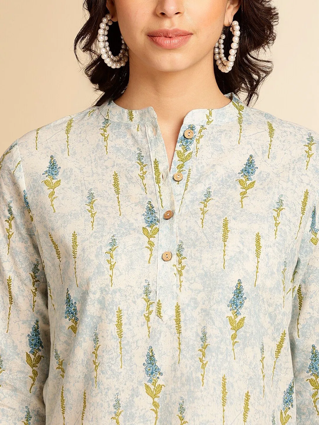 Off-White Botanical Printed Pure Cotton Short Kurti with Mandarin Collar