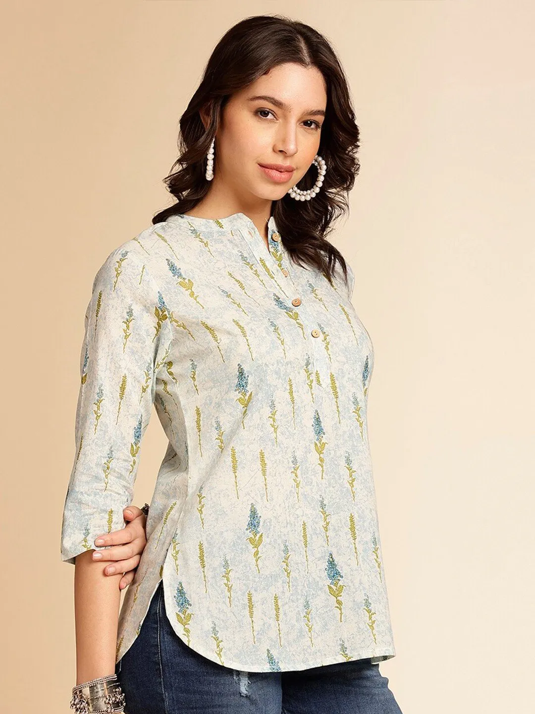 Off-White Botanical Printed Pure Cotton Short Kurti with Mandarin Collar