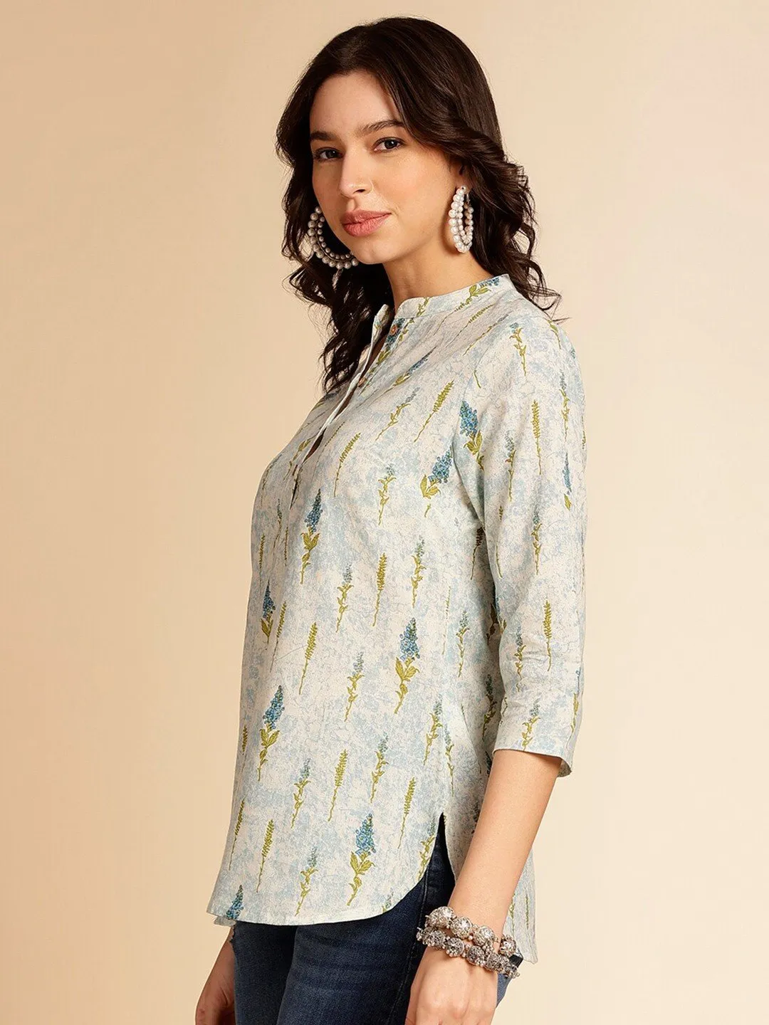 Off-White Botanical Printed Pure Cotton Short Kurti with Mandarin Collar