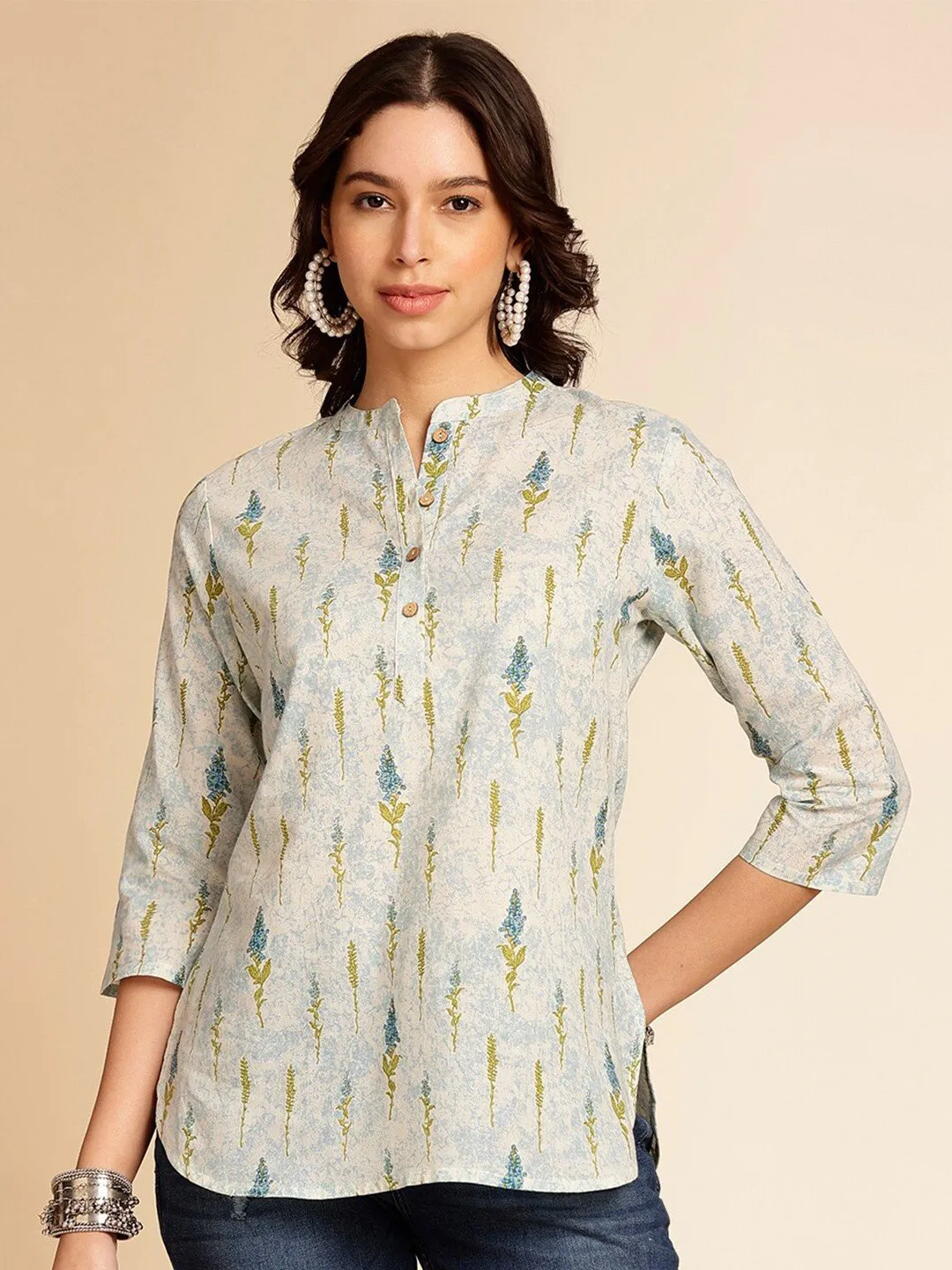 Off-White Botanical Printed Pure Cotton Short Kurti with Mandarin Collar