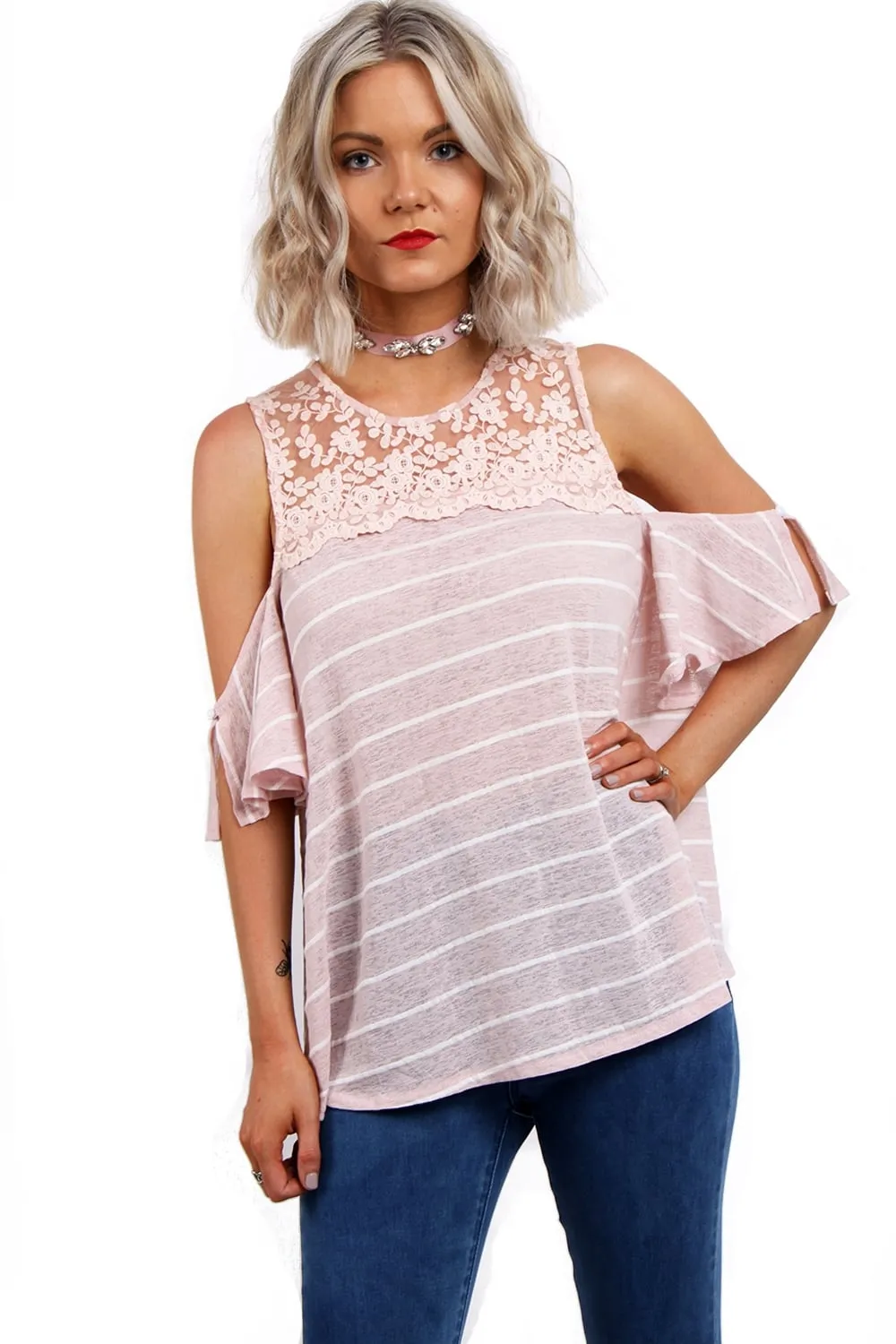 Pin Stripe Lace Insert Top In Stripe With Cold Shoulder