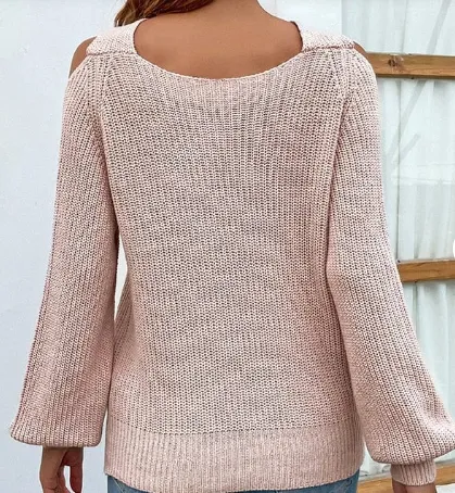 Pink Open Shoulder Cross Neck Knit Sweater