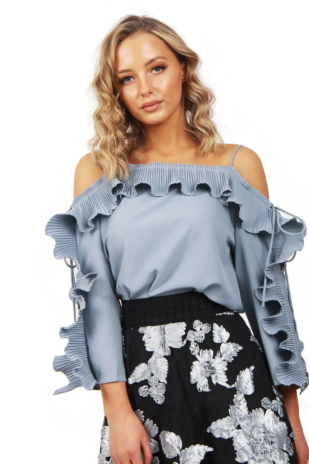 Pleated Ruffle Tie Sleeve Strappy Off Shoulder Top