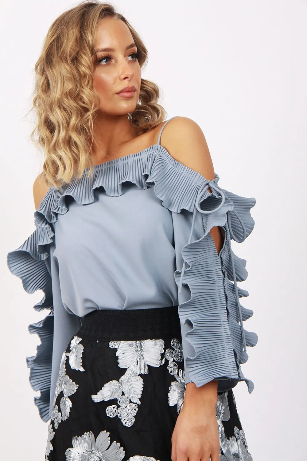 Pleated Ruffle Tie Sleeve Strappy Off Shoulder Top