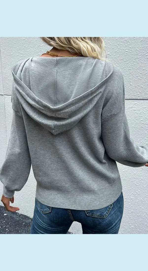 Quarter Button Drawstring Detail Knit Hoodie