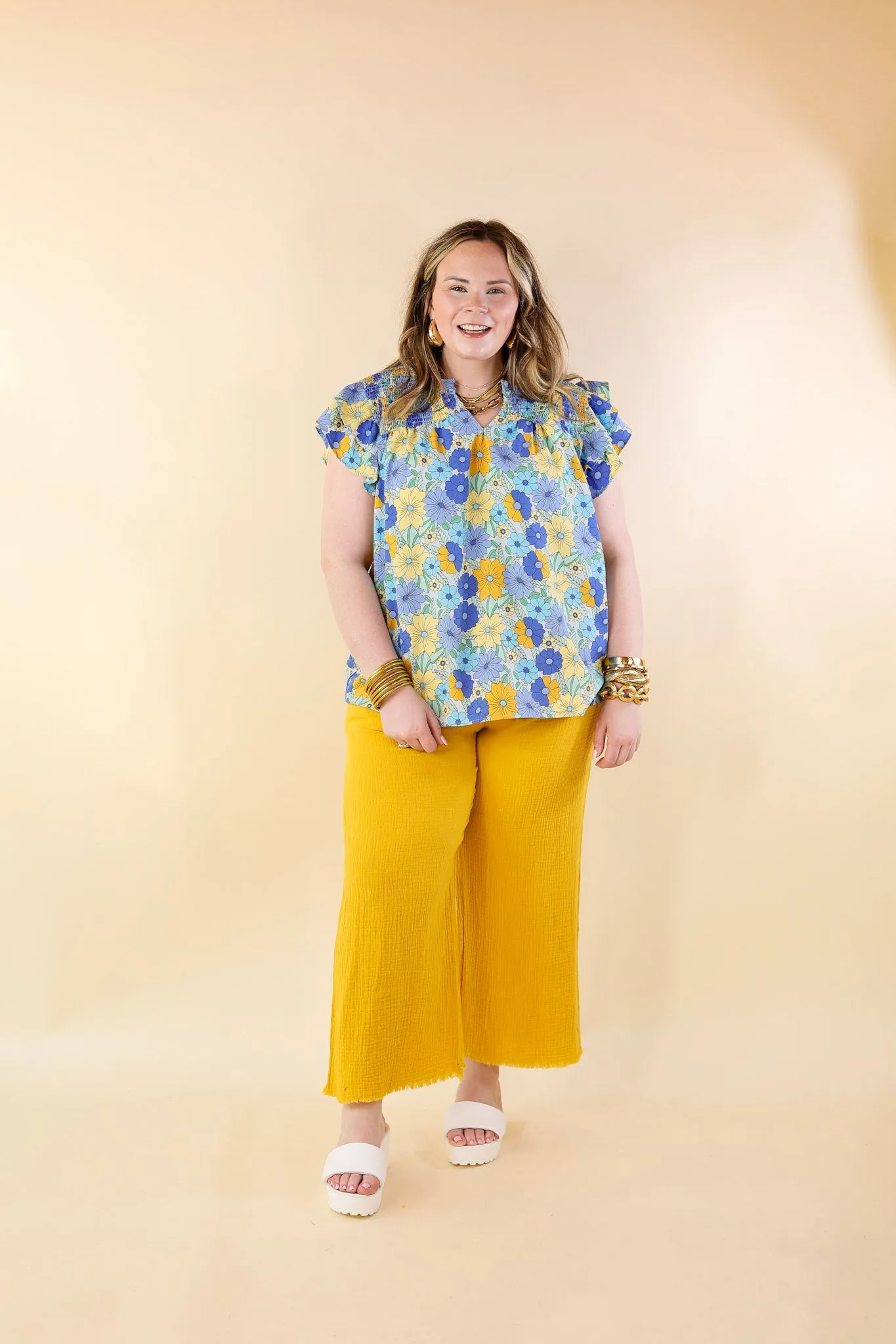 Right On Cue Elastic Waistband Cropped Pants with Frayed Hem in Yellow