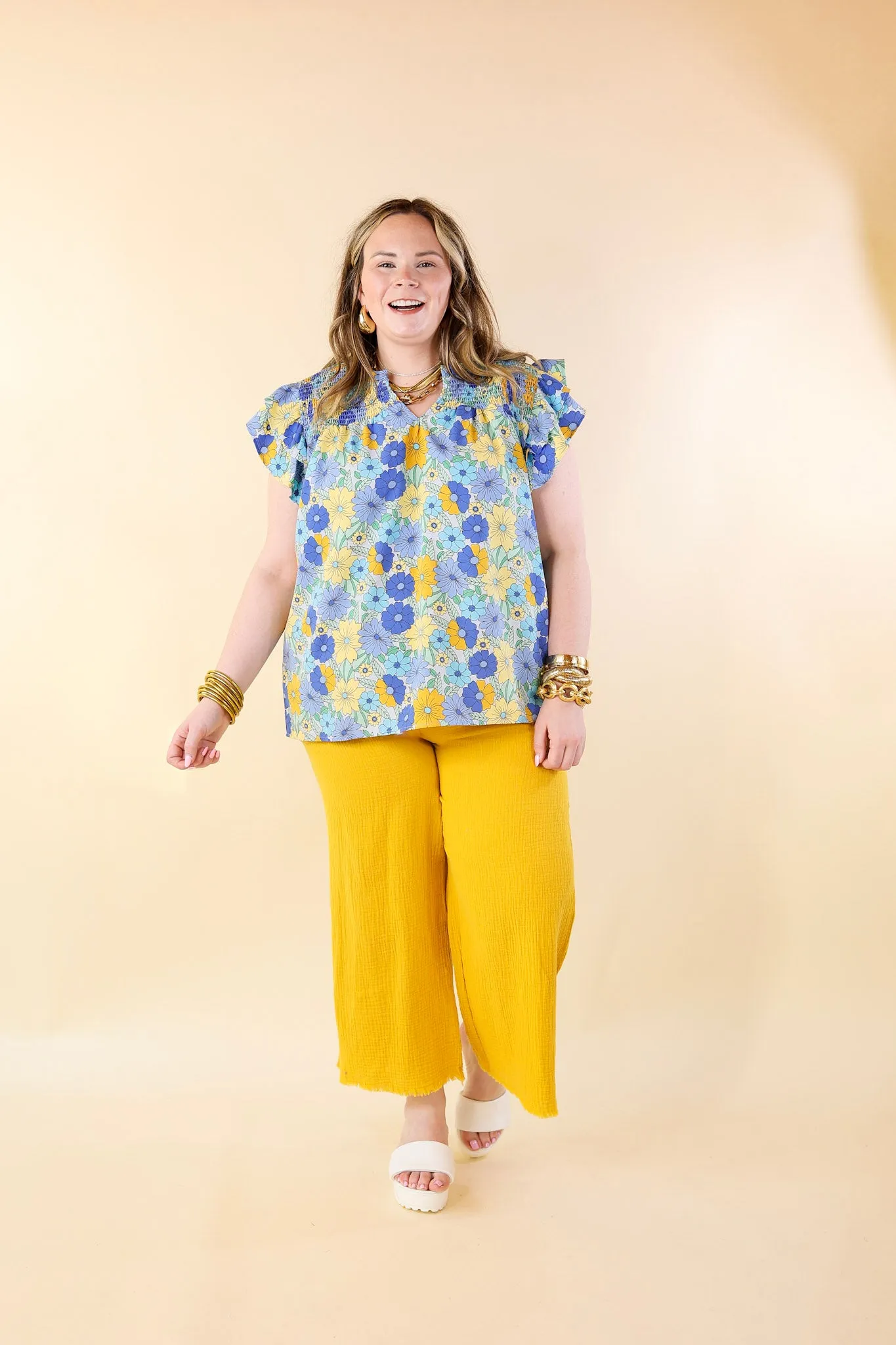 Right On Cue Elastic Waistband Cropped Pants with Frayed Hem in Yellow