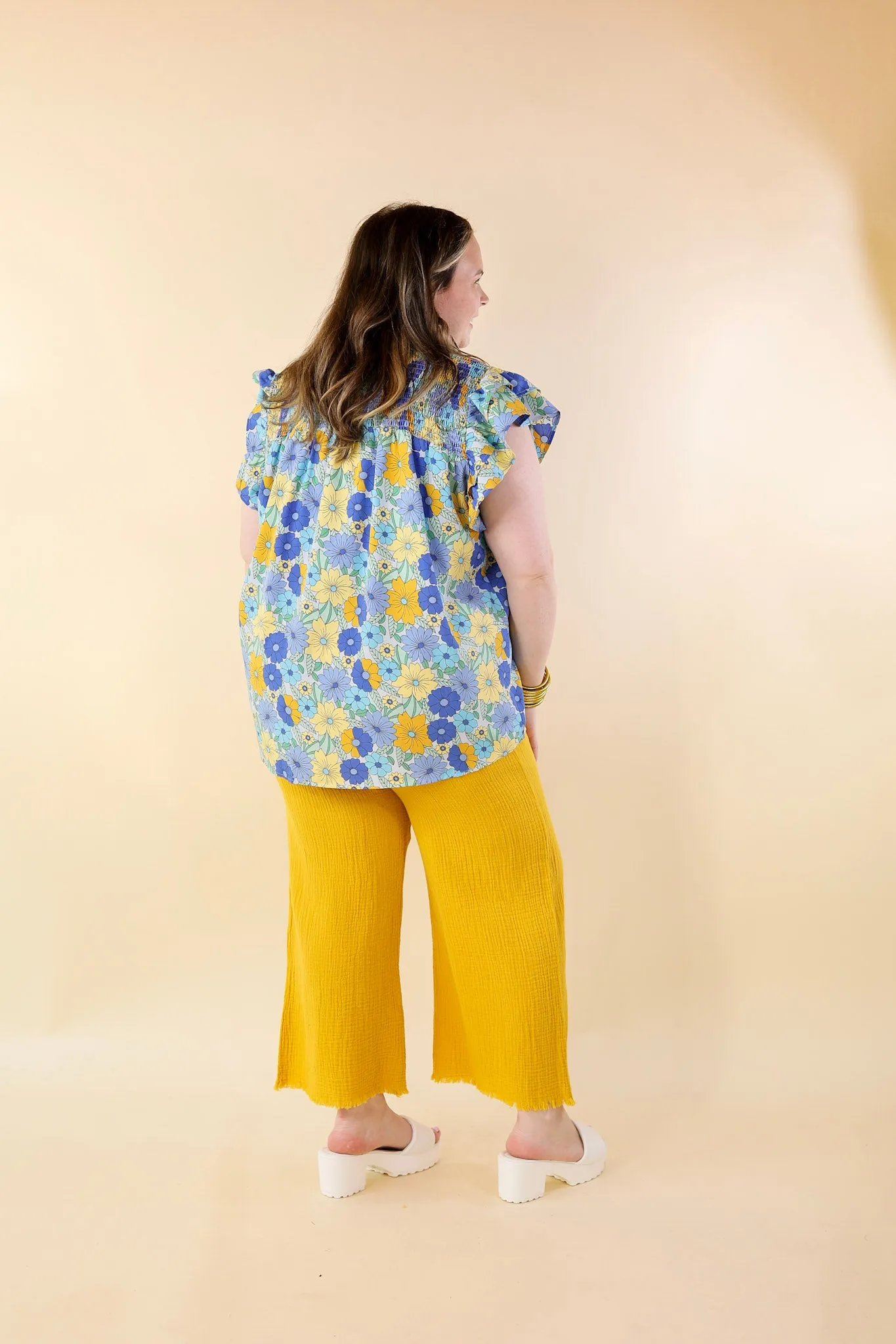 Right On Cue Elastic Waistband Cropped Pants with Frayed Hem in Yellow