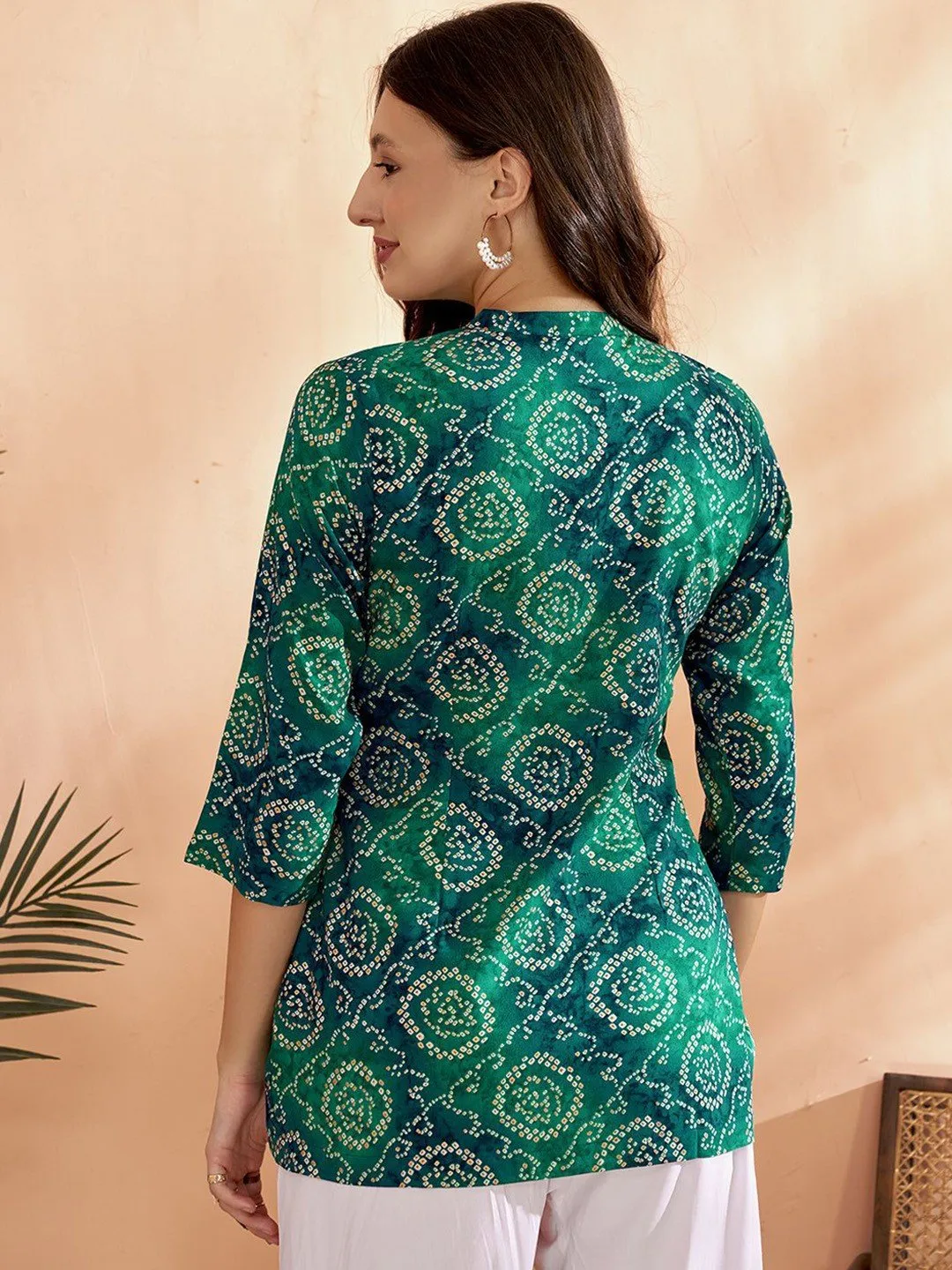 Sea Green Bandhani Printed Short Kurti with Mirror Work