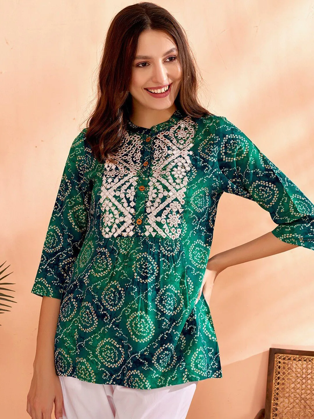 Sea Green Bandhani Printed Short Kurti with Mirror Work