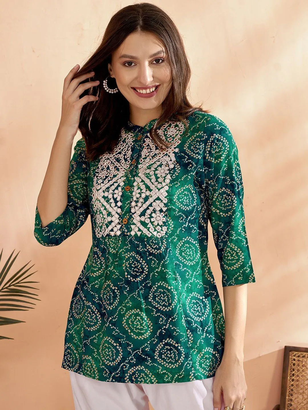 Sea Green Bandhani Printed Short Kurti with Mirror Work