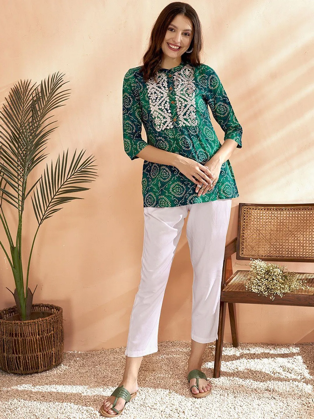 Sea Green Bandhani Printed Short Kurti with Mirror Work