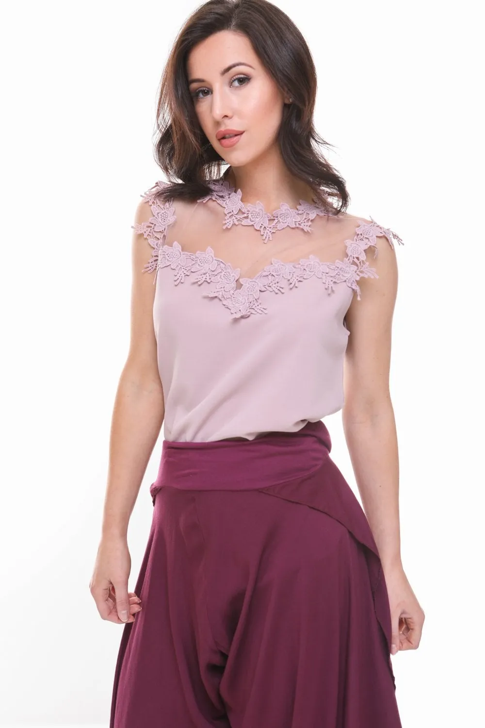 Sheer Mesh Floral Lace Applique Blouse Top