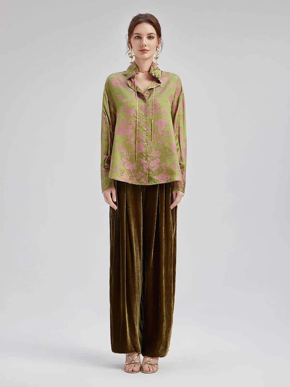 Silk Jacquard Mandarin Collar Top