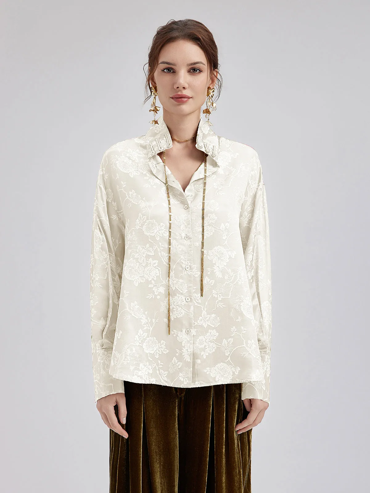 Silk Jacquard Mandarin Collar Top