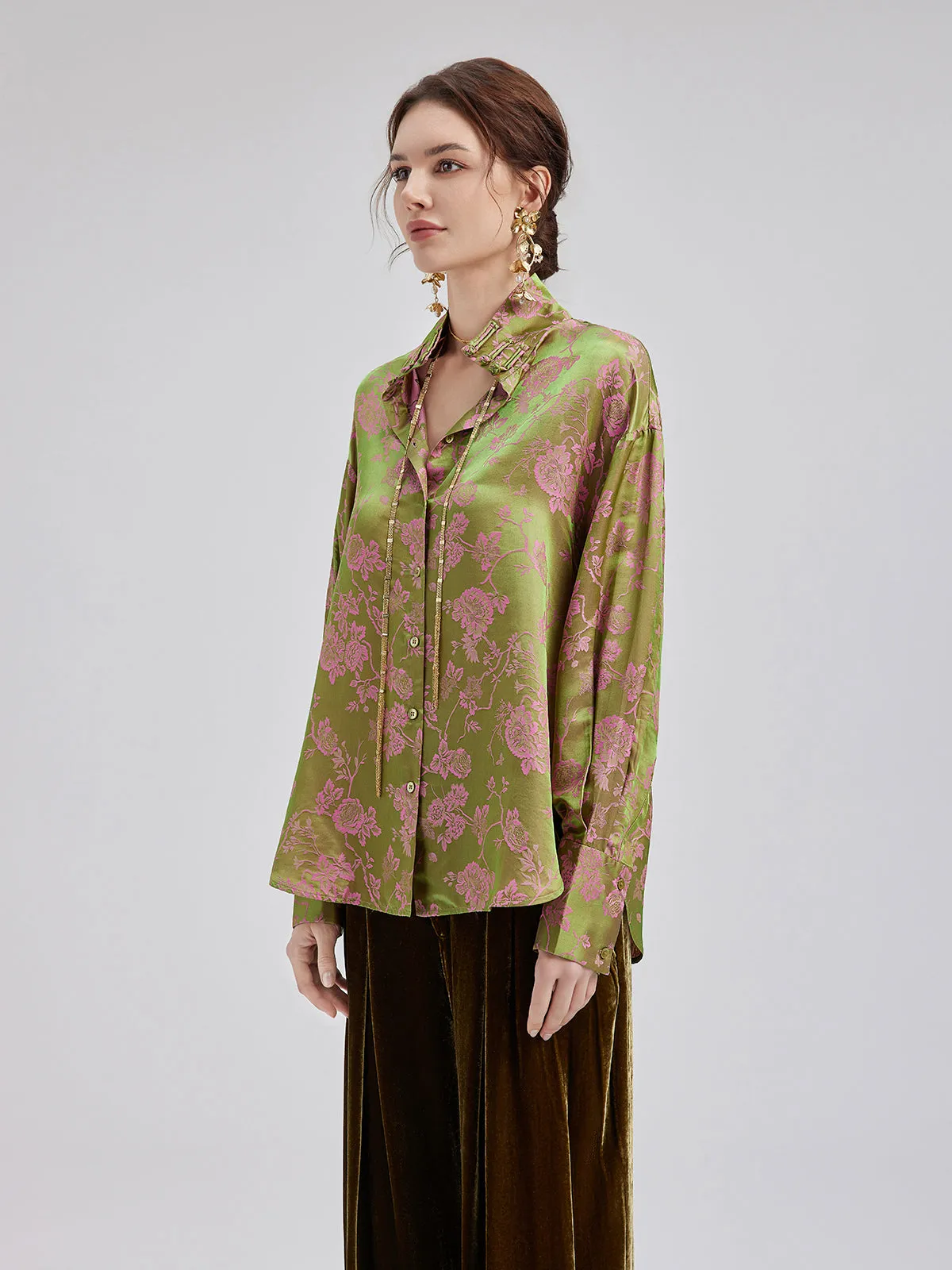 Silk Jacquard Mandarin Collar Top