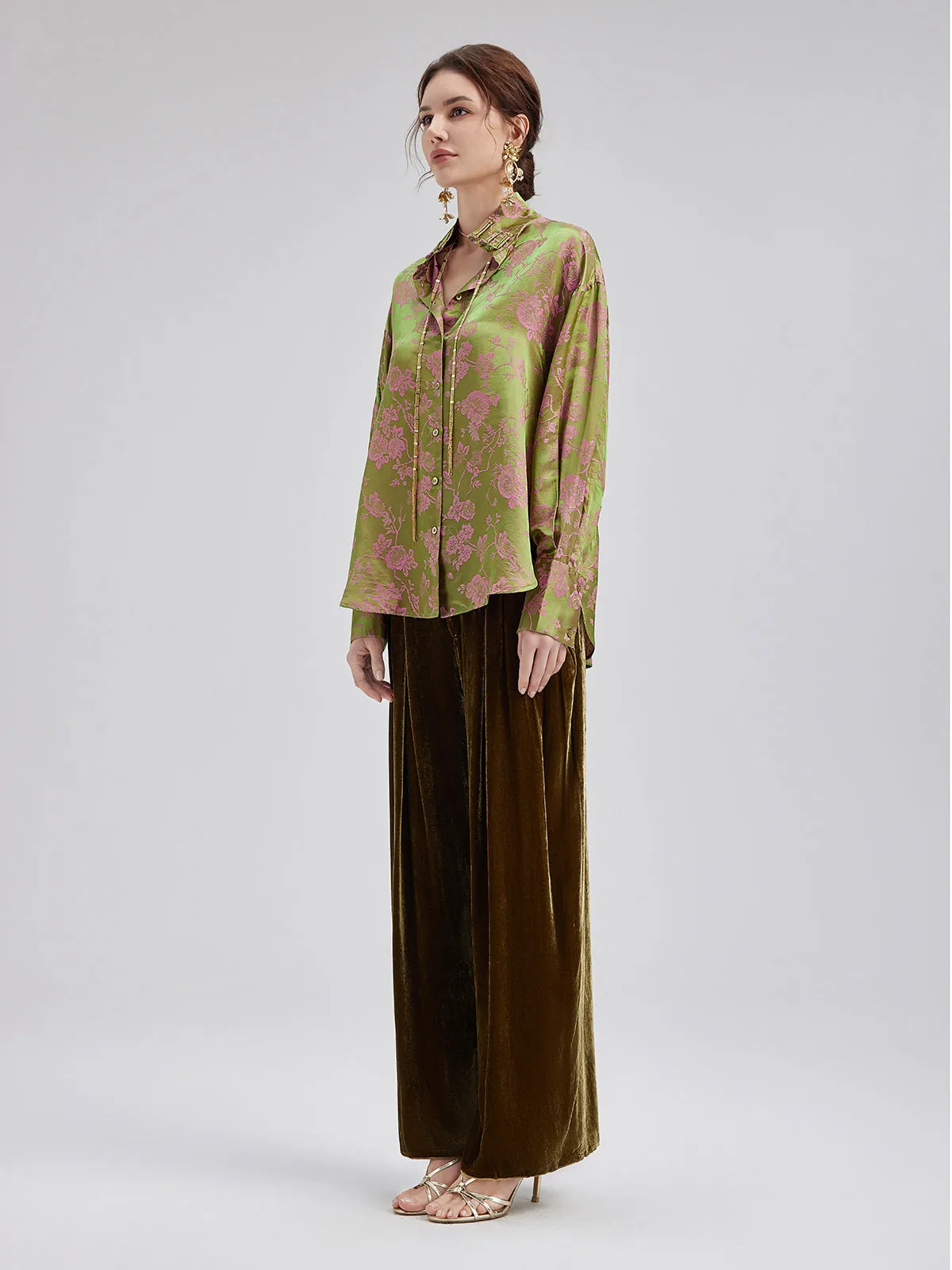 Silk Jacquard Mandarin Collar Top