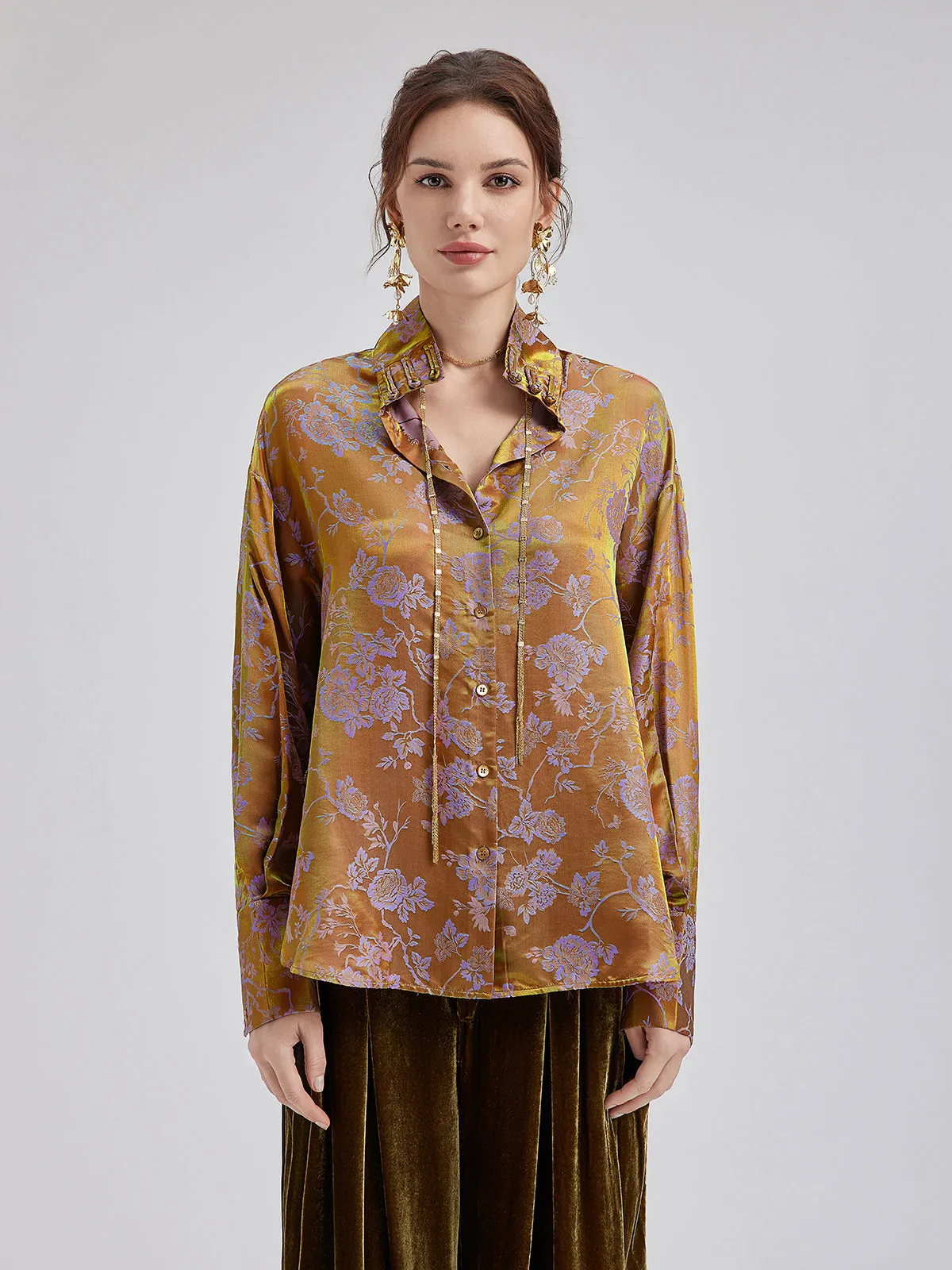 Silk Jacquard Mandarin Collar Top