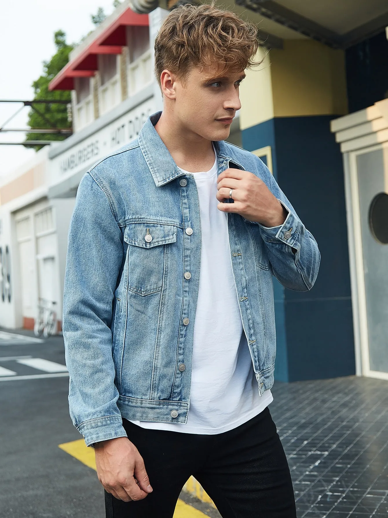 Single Breasted Light Wash Flap Detail Denim Jacket