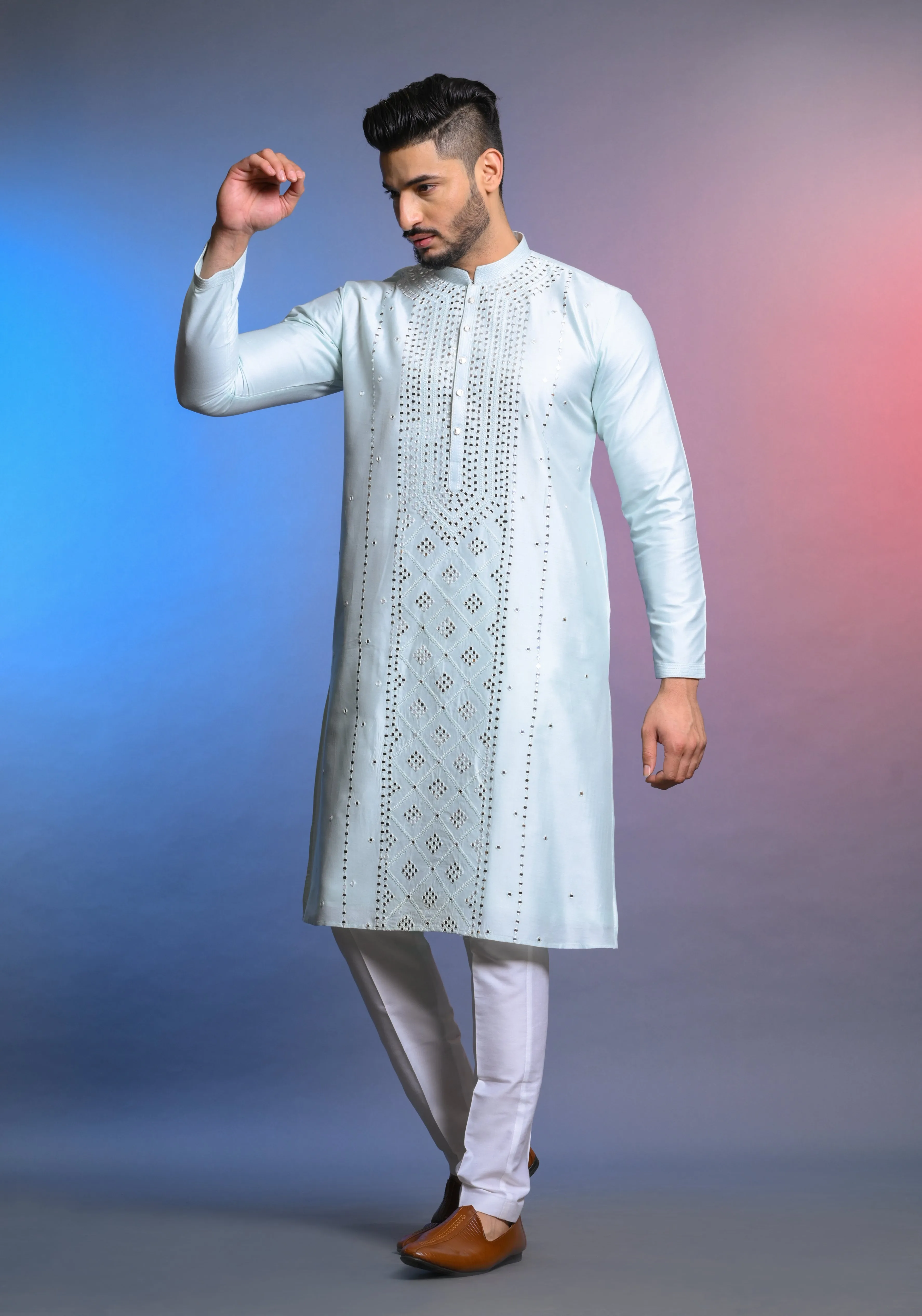 Sky Blue Silk Kurta Set With Mirror Work