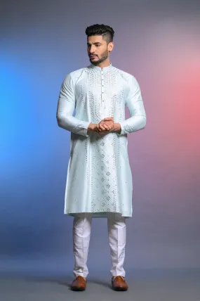 Sky Blue Silk Kurta Set With Mirror Work