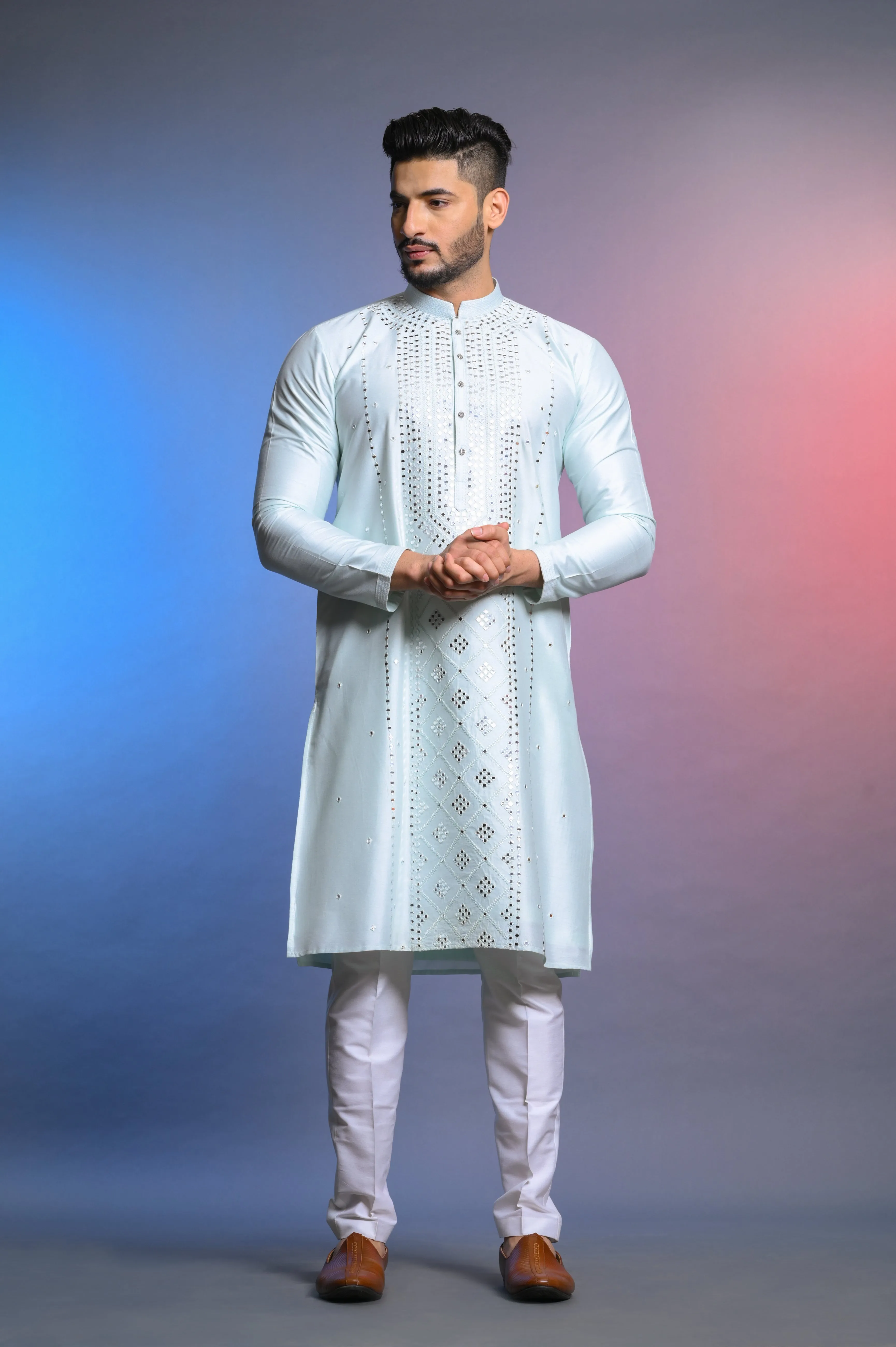 Sky Blue Silk Kurta Set With Mirror Work