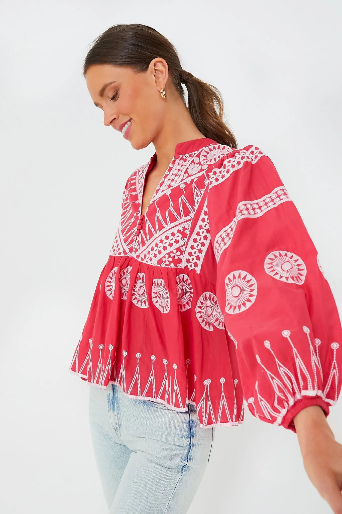 Soleil Red Mandarin Balloon Sleeve Top