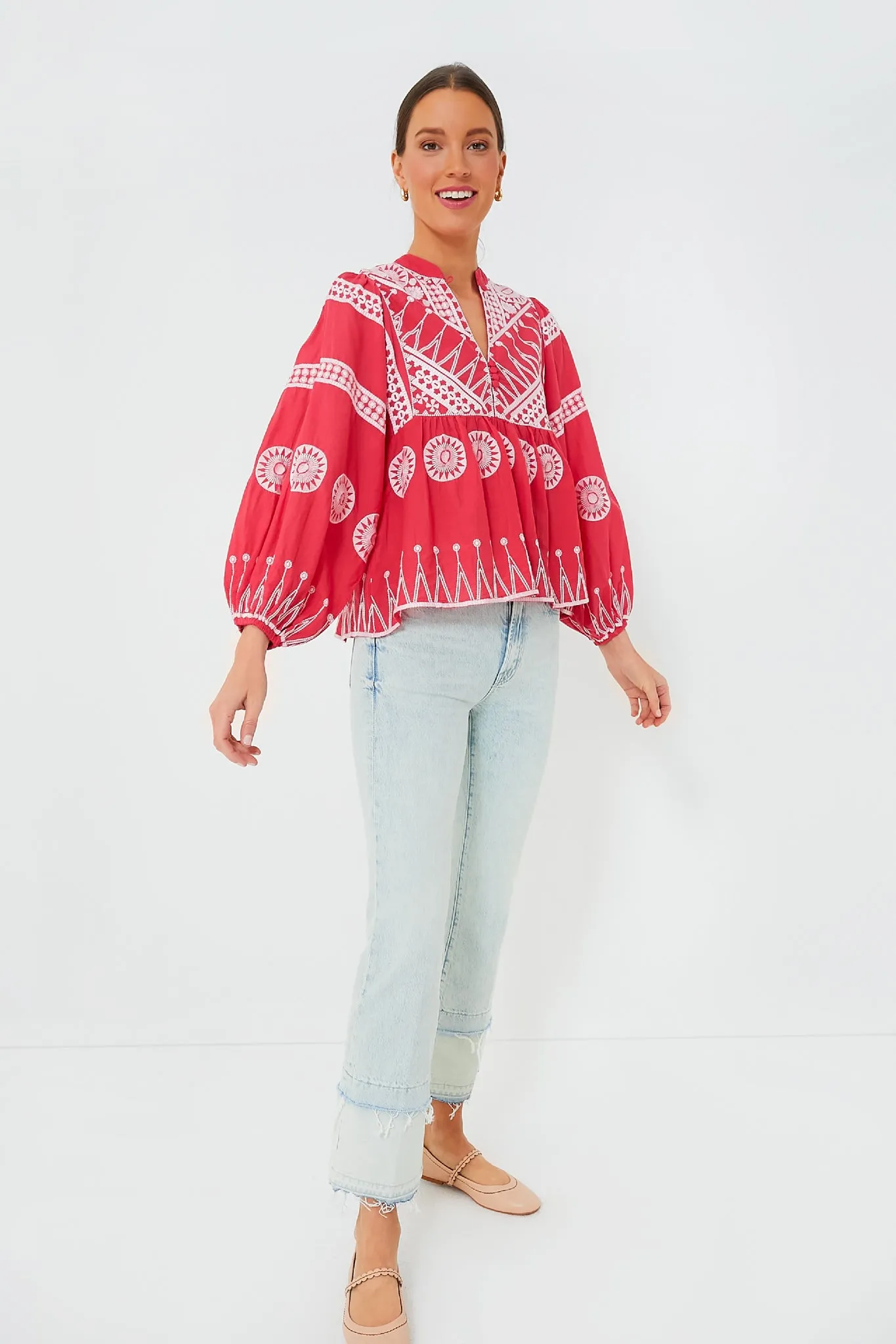 Soleil Red Mandarin Balloon Sleeve Top