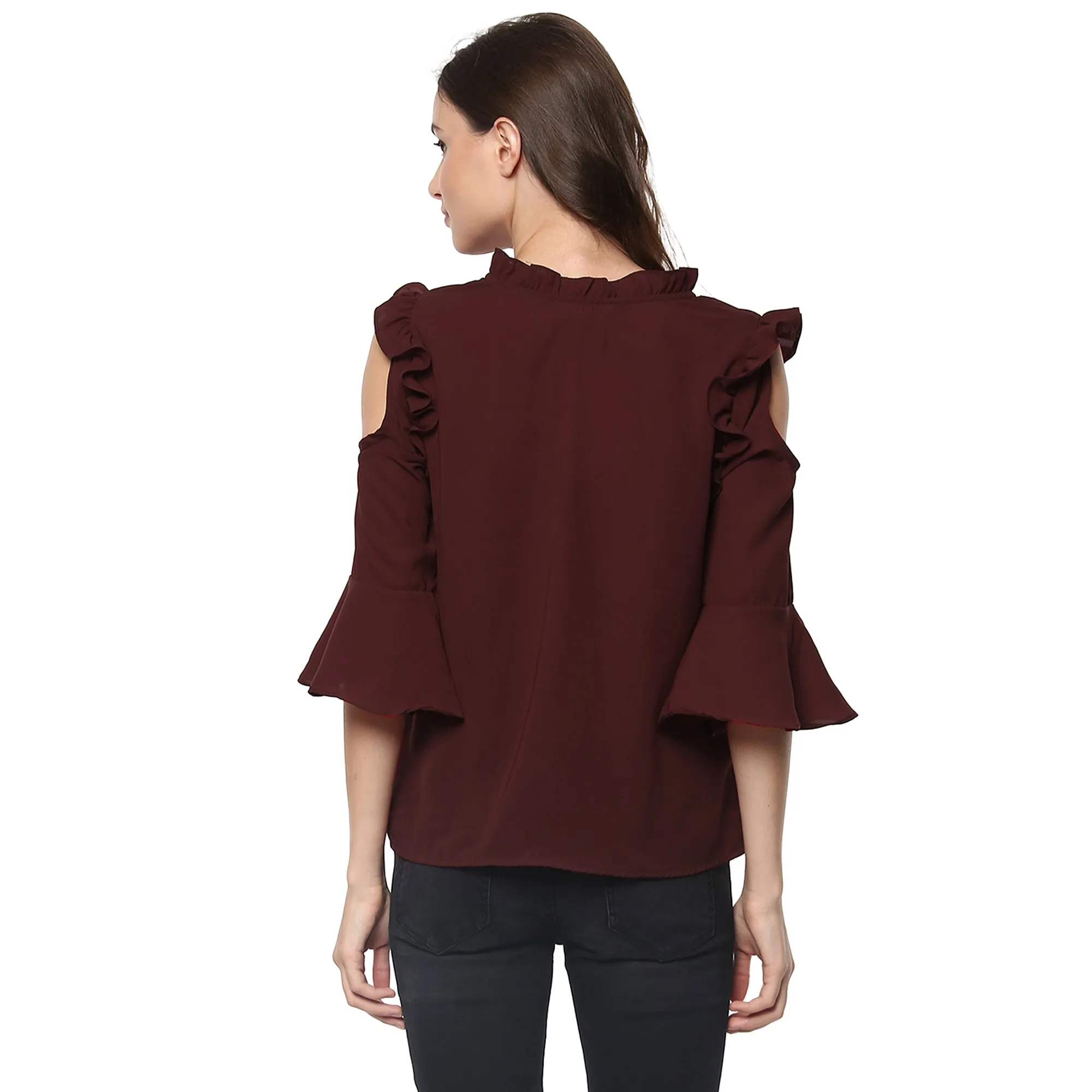 Solid Ruffle Cold Shoulder Top