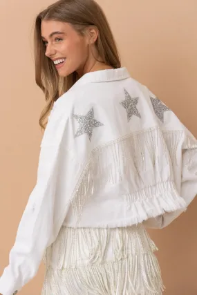 Star Rhinestone Fringe Back Elastic Denim Jacket  White