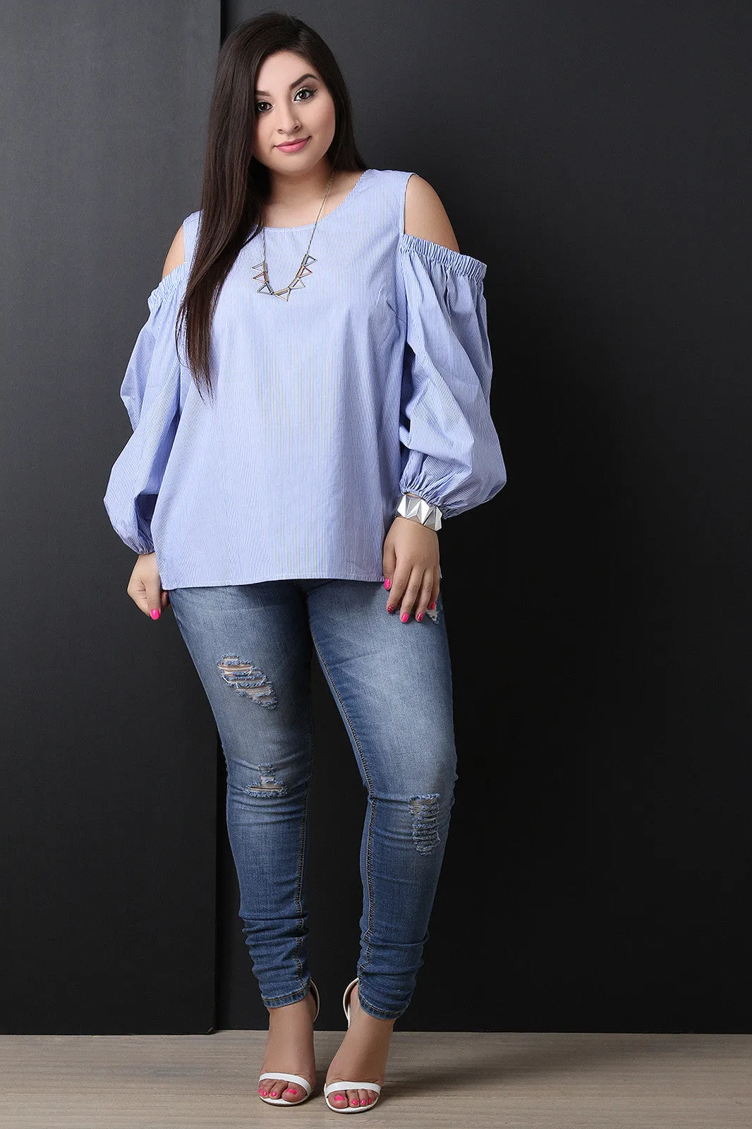 Striped Cold Shoulder Bishop Sleeve Top