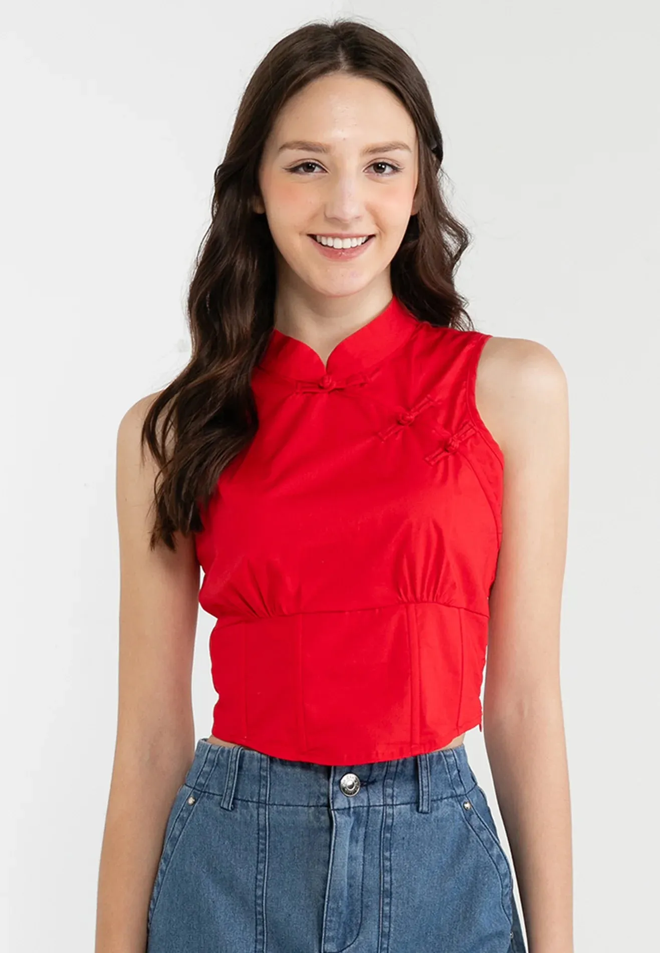 VOIR JEANS Sleeveless Mandarin Collar Knot Crop Top