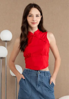 VOIR JEANS Sleeveless Mandarin Collar Knot Crop Top