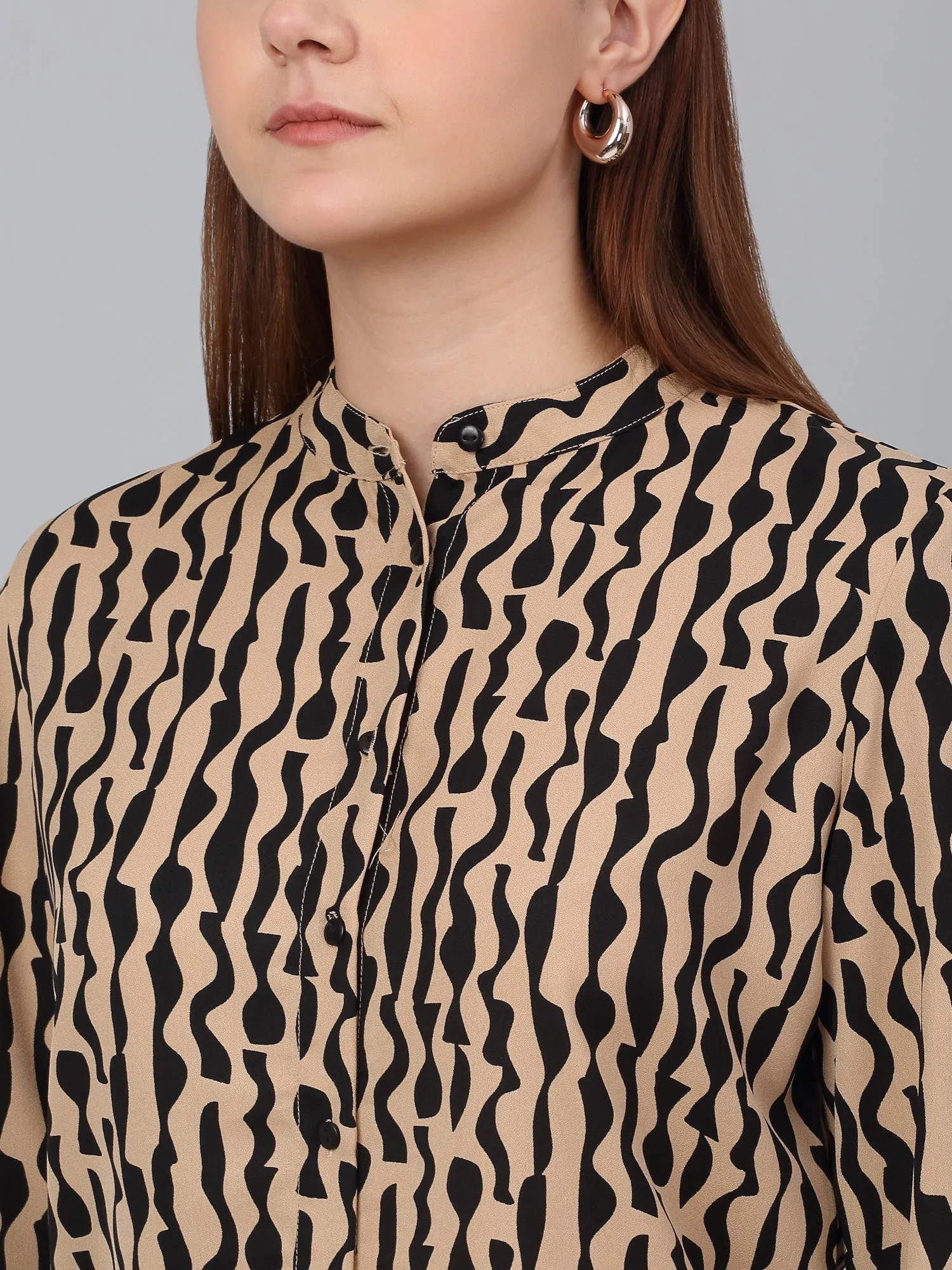 Women Brown Printed Mandarin Collar Casual Tunic